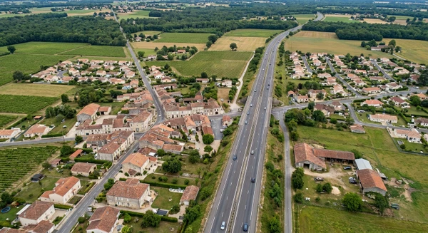 Vue a&eacute;rienne ou perspective de Beychac-et-Caillau montrant le bourg avec la RN89 traversant la commune, illustrant le si&egrave;ge et point de d&eacute;part de l'entreprise de couverture RENOV' COUVERTURE en Gironde. L'image doit montrer le tissu urbain caract&eacute;ristique de ce petit bourg rural girondin, avec ses b&acirc;timents r&eacute;sidentiels et structures architecturales typiques de la r&eacute;gion Nouvelle-Aquitaine.