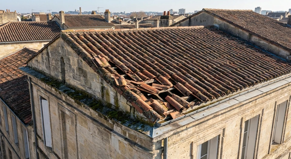 Photographie d'une toiture en tuiles ou ardoise présentant des dégâts visibles : tuiles cassées, décalées ou manquantes, ou signes d'infiltration au niveau de la couverture, prise depuis l'extérieur en lumière naturelle montrant l'étendue des dommages sur une maison de caractère. L'image doit clairement montrer la toiture endommagée comme sujet principal, sans occupants visibles.