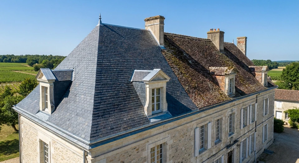 Photographie réaliste d'une toiture fraîchement rénovée sur une maison de caractère, montrant clairement les tuiles neuves ou ardoises brillantes, bien alignées et uniformes, capturant la transition entre la zone rénovée et l'état ancien restant visible, sous un ciel clair. La perspective doit montrer les pentes du toit et démontrer visuellement la qualité et la solidité de la couverture nouvellement installée.