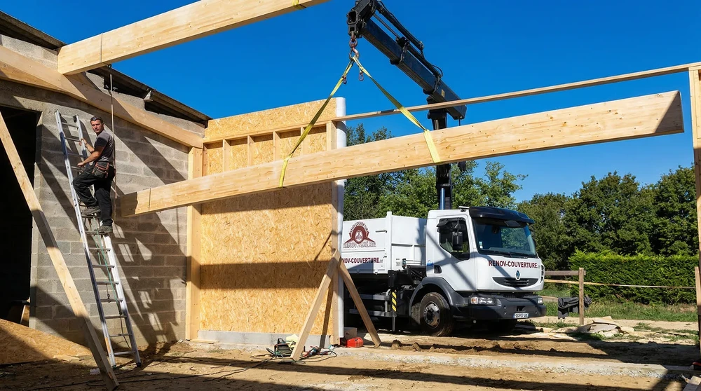 Pose de charpente en bois sur construction neuve en parpaings