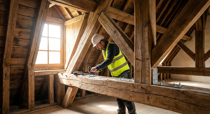 Chantier de construction en extérieur avec ouvrier en tenue bleue manipulant des pièces de charpente