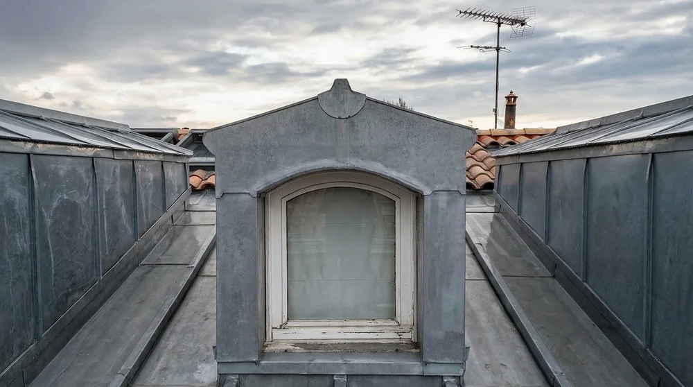 Toiture en zinc avec lucarne à fronton cintré de style haussmannien, vue en plongée depuis le faîtage
