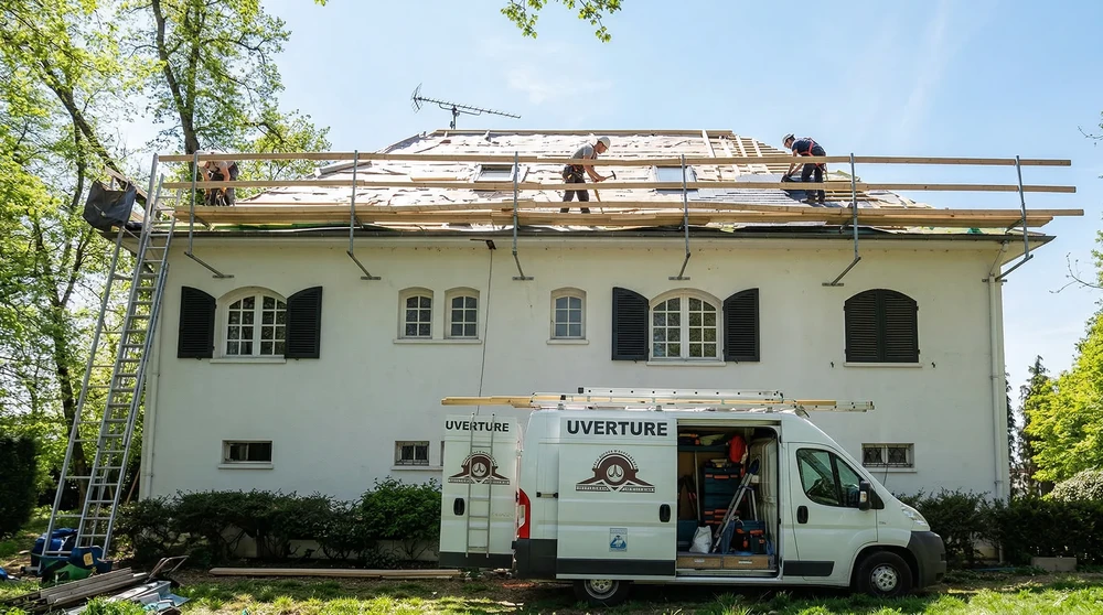 Rénovation de toiture d'une villa bourgeoise blanche à deux étages