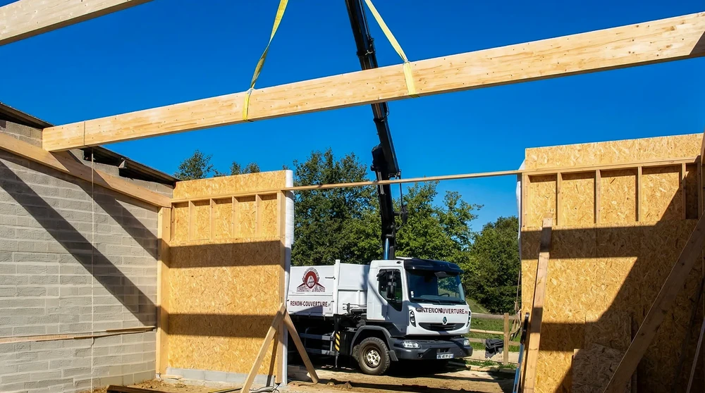 Pose de charpente bois sur construction à ossature bois (COB)