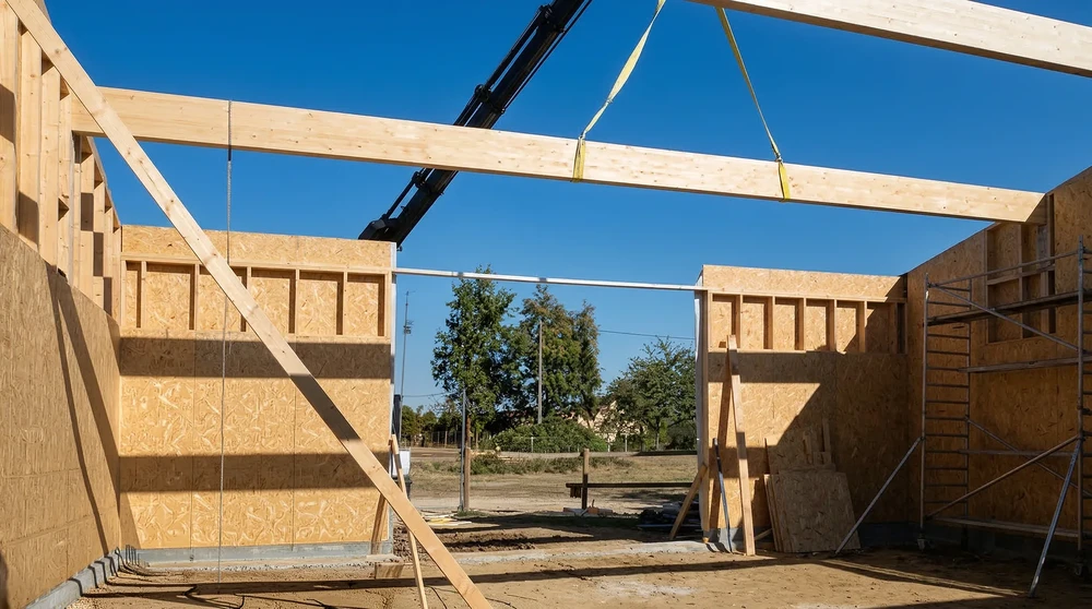 Construction d'une ossature bois en cours, vue intérieure