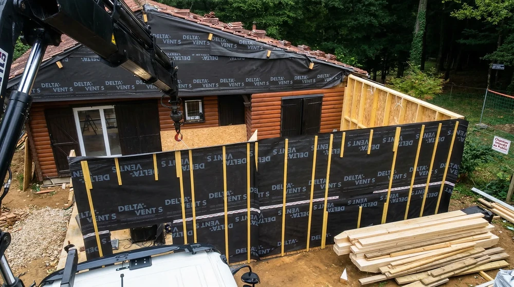 Chantier d'extension d'un chalet en bois, vue extérieure