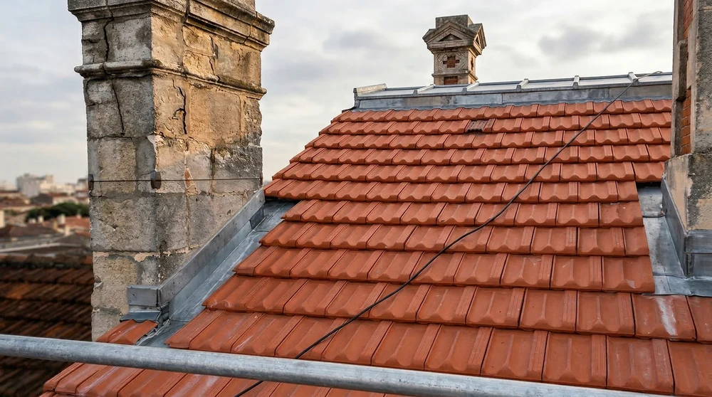 Toiture en zinc avec lucarne à fronton cintré de style haussmannien, vue en plongée depuis le faîtage