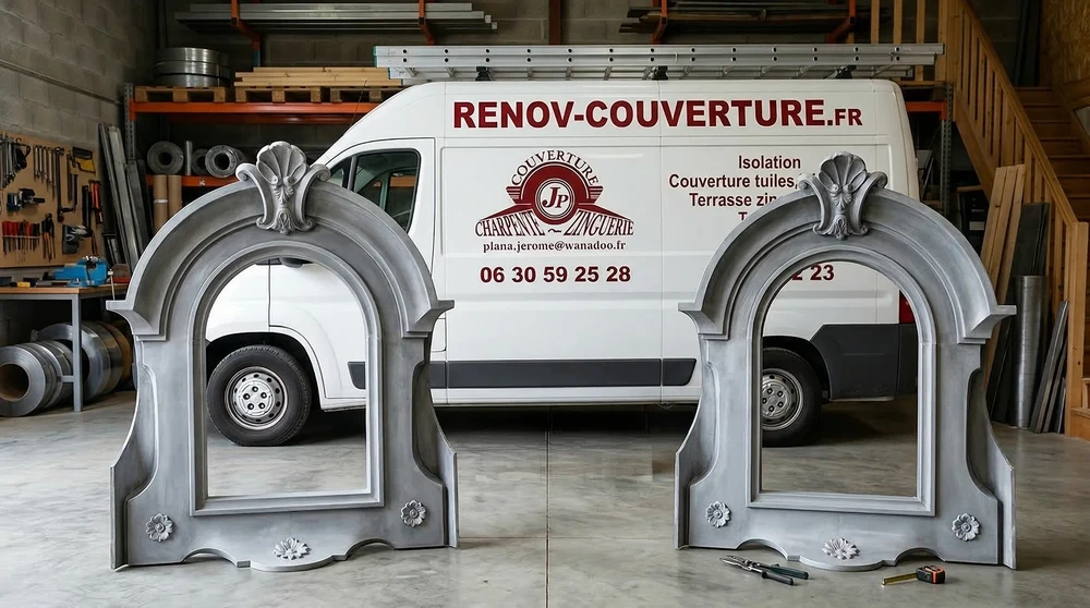 Toiture en tuiles canal terre cuite, vue rapprochée avec trois lucarnes à frontons cintrés en zinc